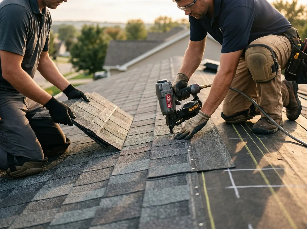 Professional roofer working on a residential roof in Peabody